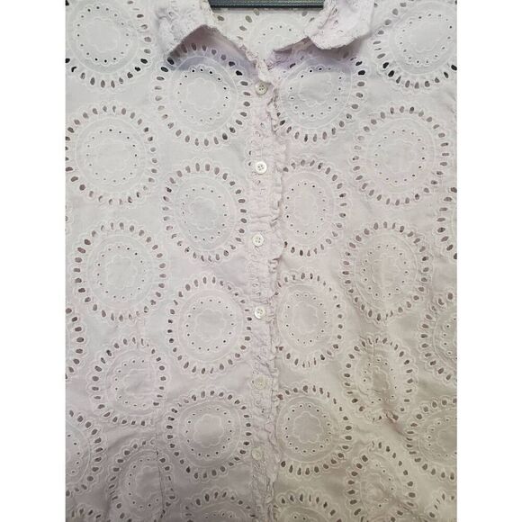 Johnny Was Slim Fit Cotton Eyelet Ruffle Pale Lavender Pearl Button Up Shirt - Picture 4 of 6